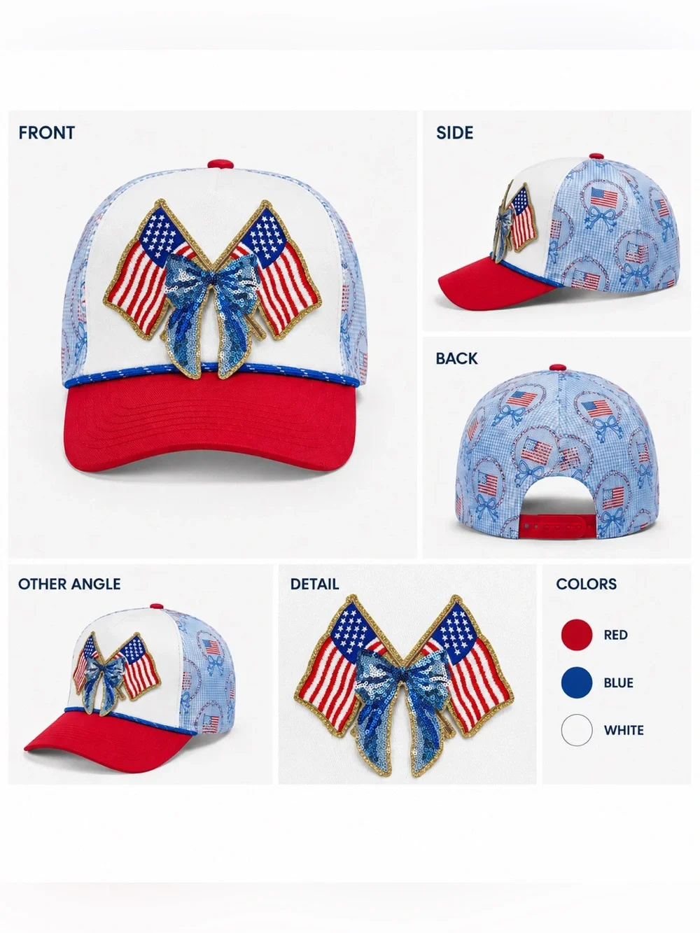 Patriotic American Flag Sequin Bow Trucker Hat - Red & White